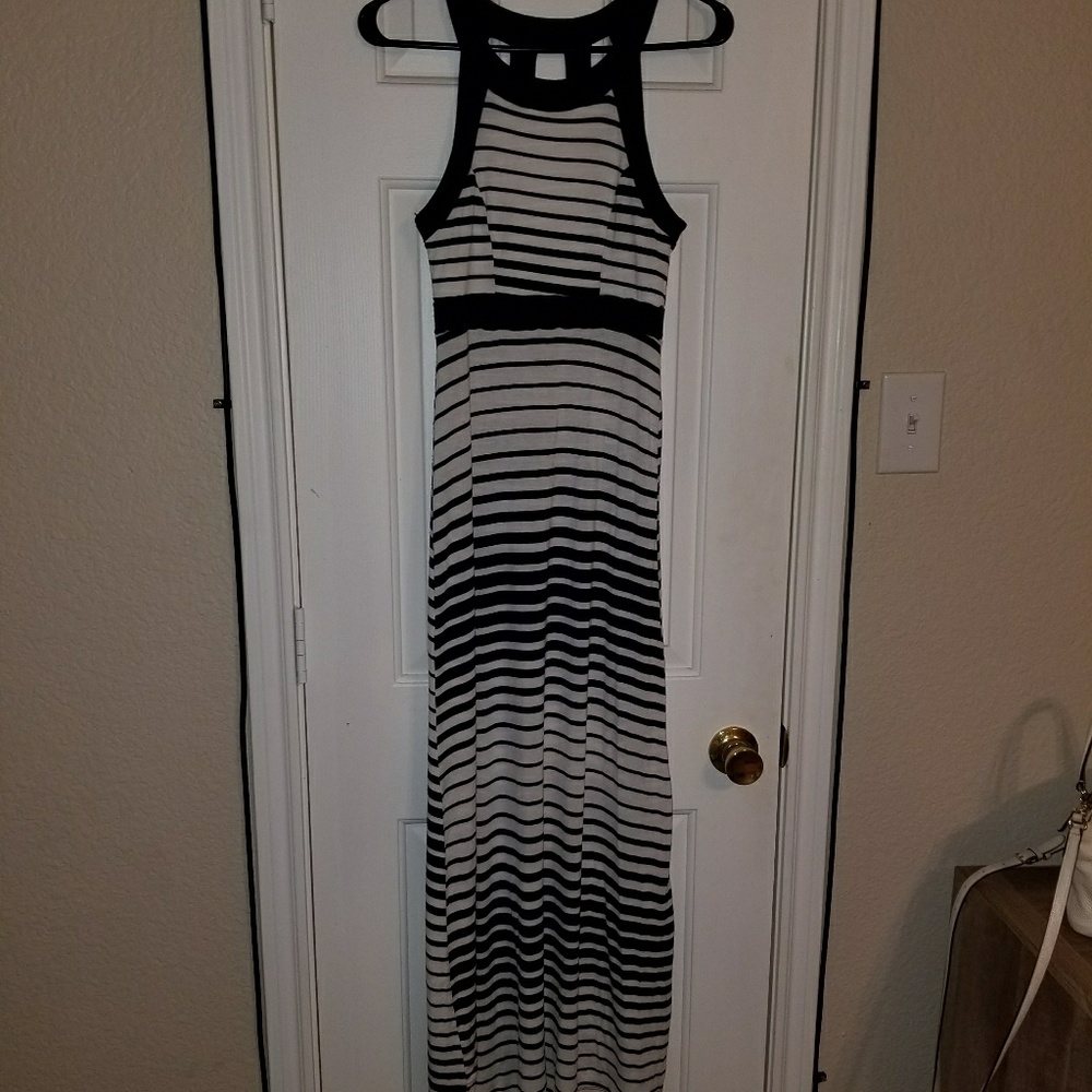 Navy blue and white striped maxi dress